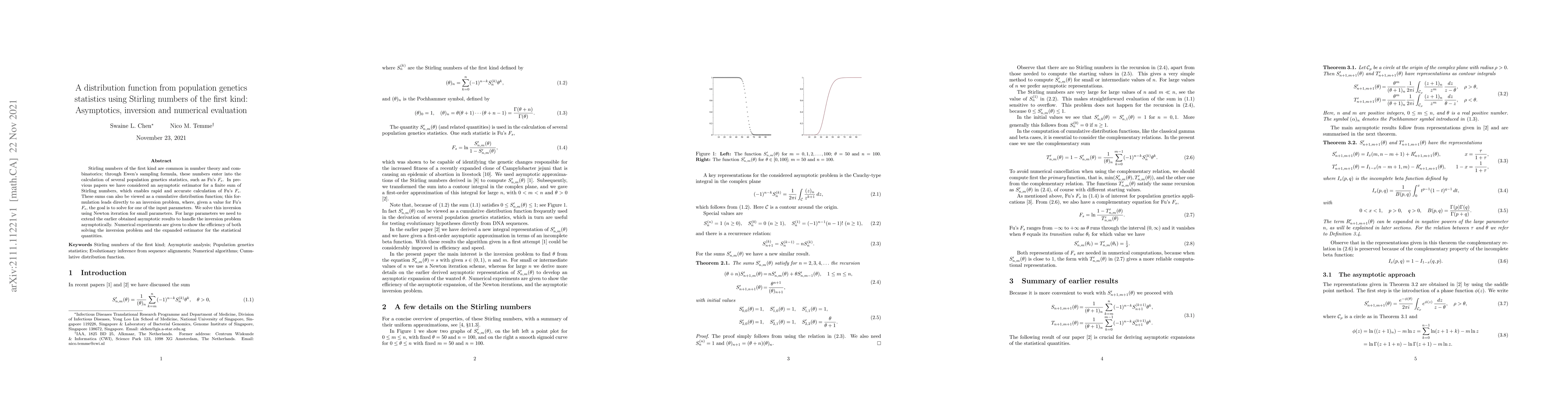 Thumbnail for A distribution function from population genetics statistics using
  Stirling numbers of the first kind: Asymptotics, inversion and numerical
  evaluation