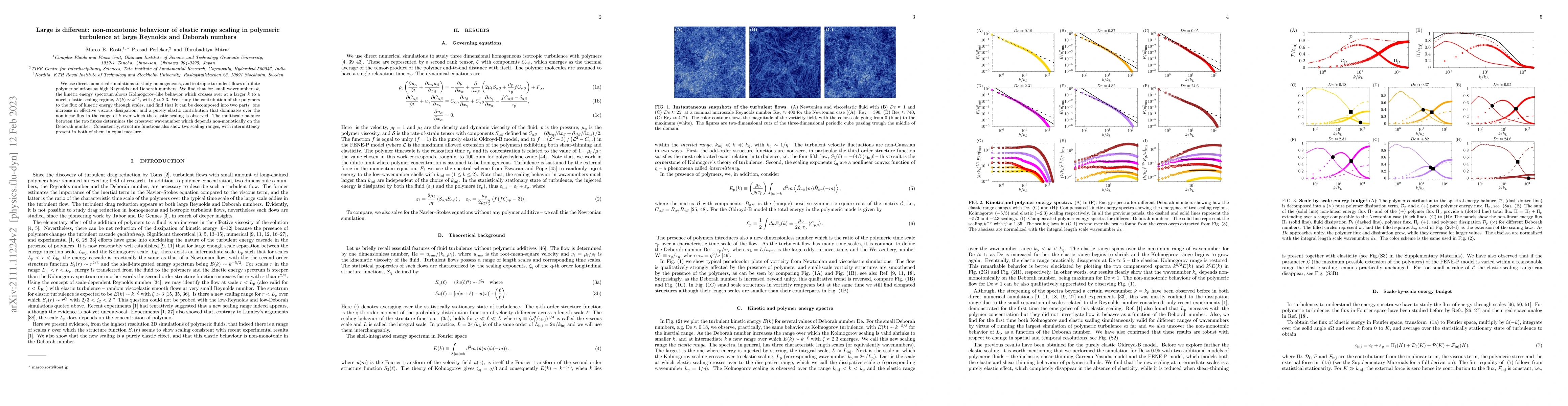 Thumbnail for Large is different: non-monotonic behaviour of elastic range scaling in
  polymeric turbulence at large Reynolds and Deborah numbers
