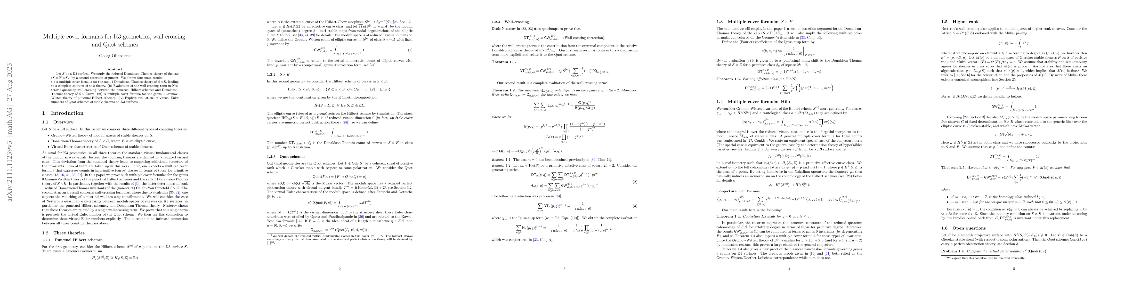 Thumbnail for Multiple cover formulas for K3 geometries, wall-crossing, and Quot
  schemes