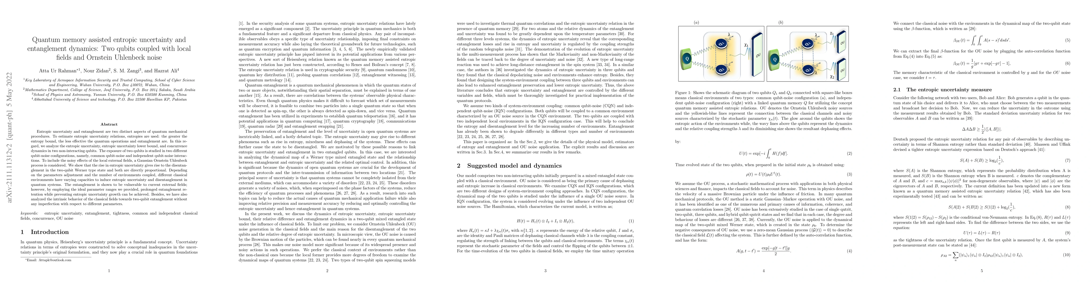 Thumbnail for Quantum memory assisted entropic uncertainty and entanglement dynamics:
  Two qubits coupled with local fields and Ornstein Uhlenbeck noise