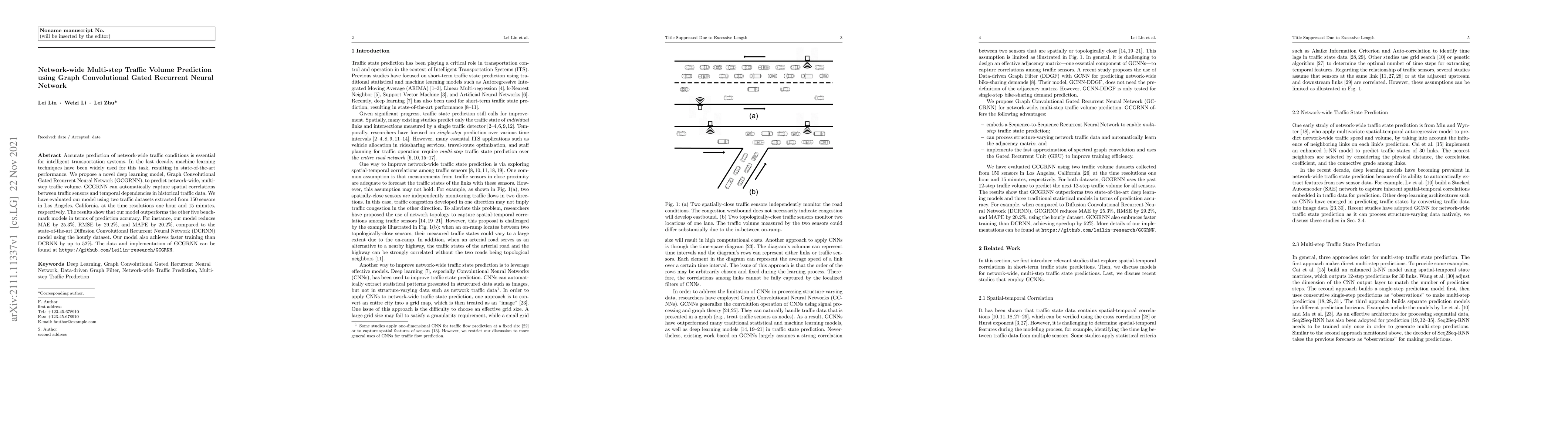 Thumbnail for Network-wide Multi-step Traffic Volume Prediction using Graph
  Convolutional Gated Recurrent Neural Network