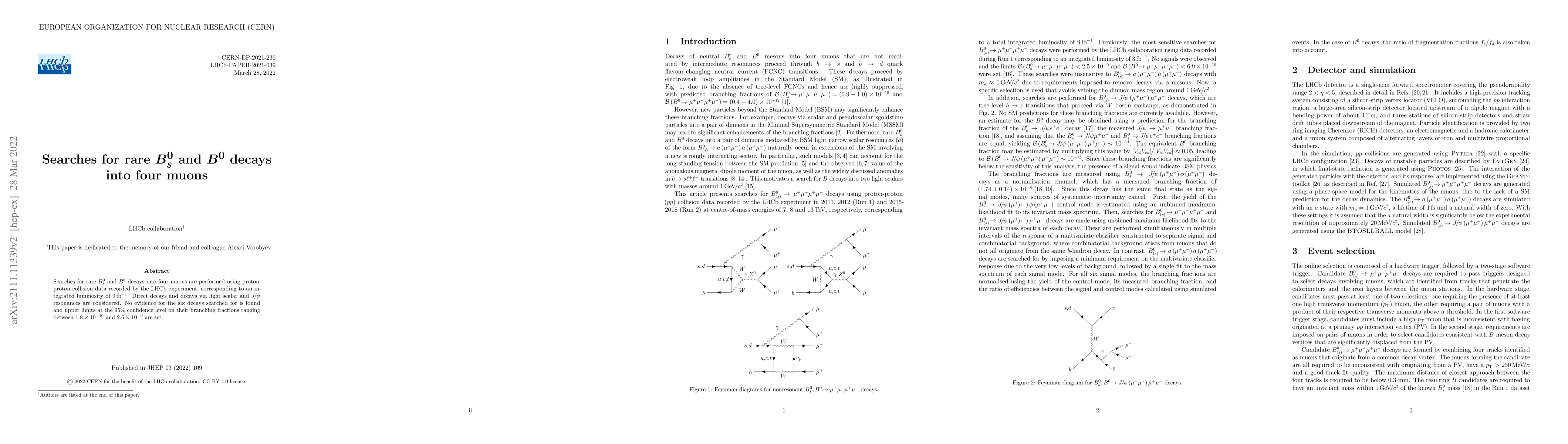 Thumbnail for Searches for rare $B_s^0$ and $B^0$ decays into four muons