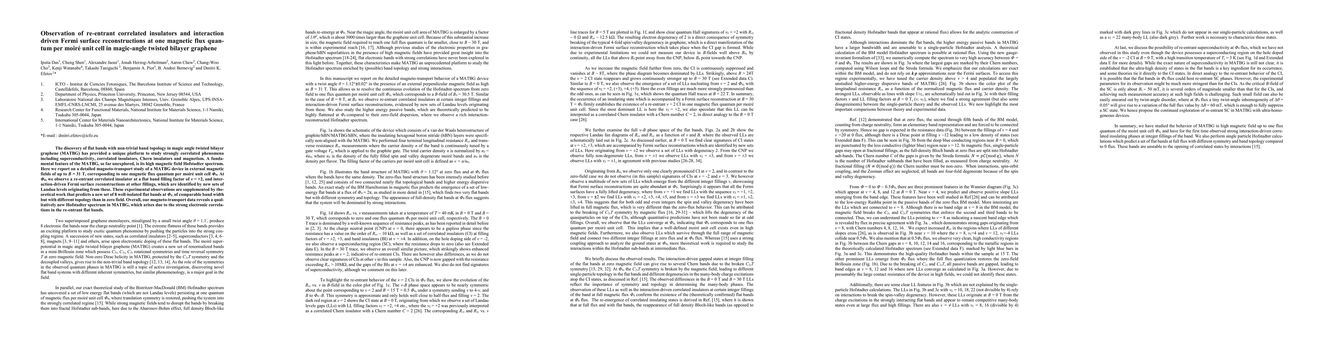 Thumbnail for Observation of re-entrant correlated insulators and interaction driven
  Fermi surface reconstructions at one magnetic flux quantum per moir\'e unit
  cell in magic-angle twisted bilayer graphene