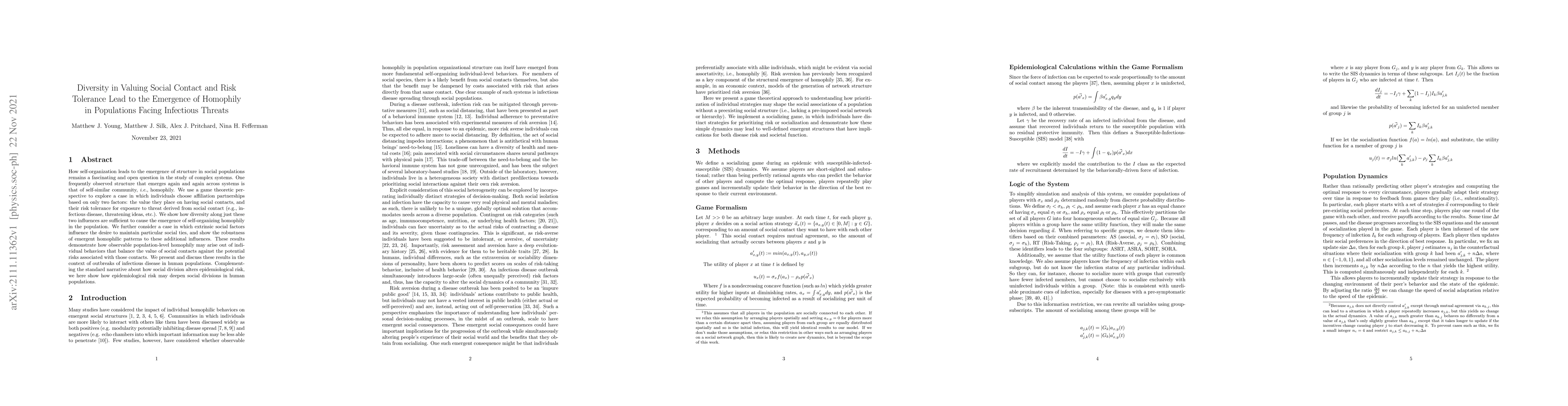 Thumbnail for Diversity in Valuing Social Contact and Risk Tolerance Lead to the
  Emergence of Homophily in Populations Facing Infectious Threats