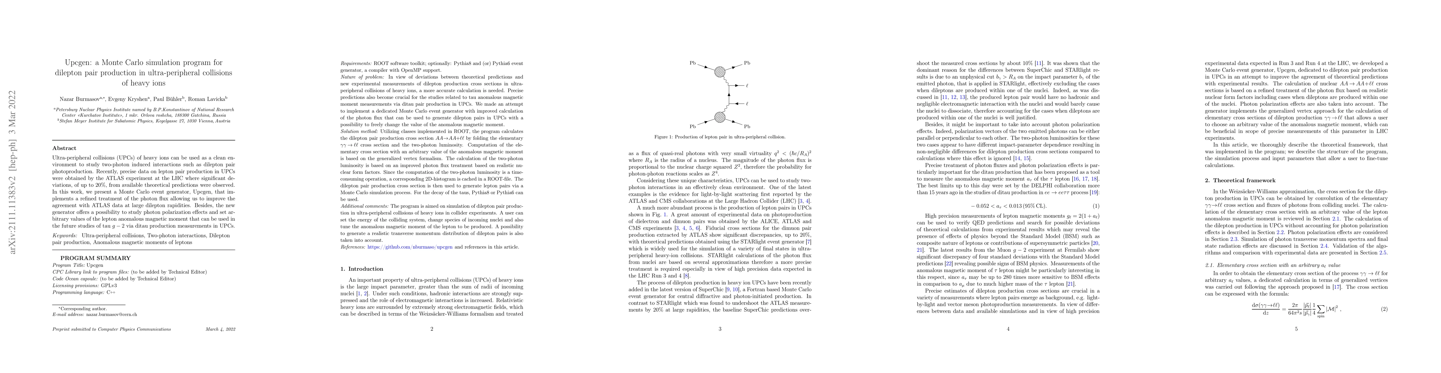 Thumbnail for Upcgen: a Monte Carlo simulation program for dilepton pair production in
  ultra-peripheral collisions of heavy ions