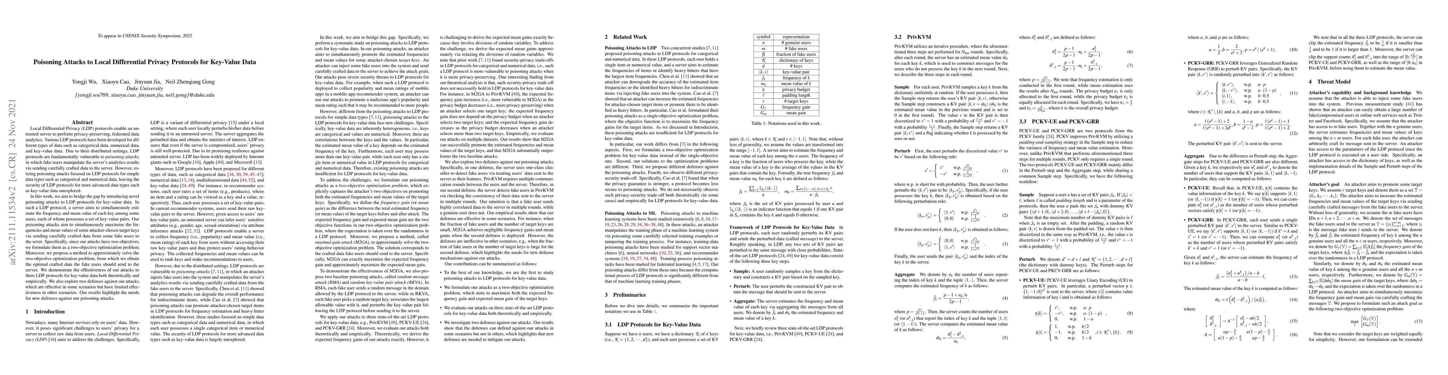Thumbnail for Poisoning Attacks to Local Differential Privacy Protocols for Key-Value
  Data