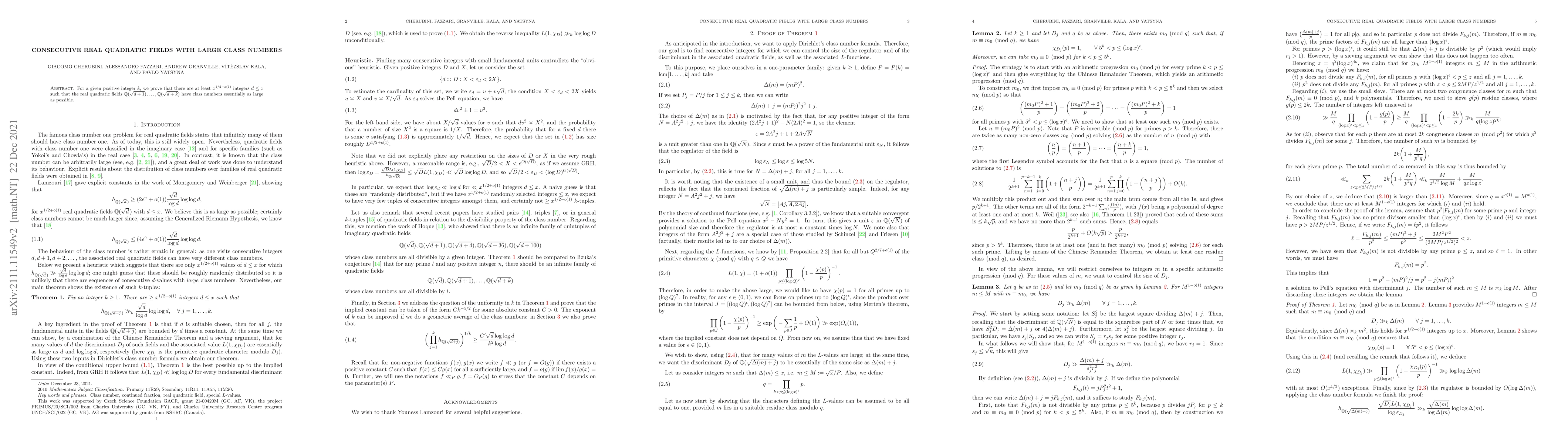 Thumbnail for Consecutive real quadratic fields with large class numbers