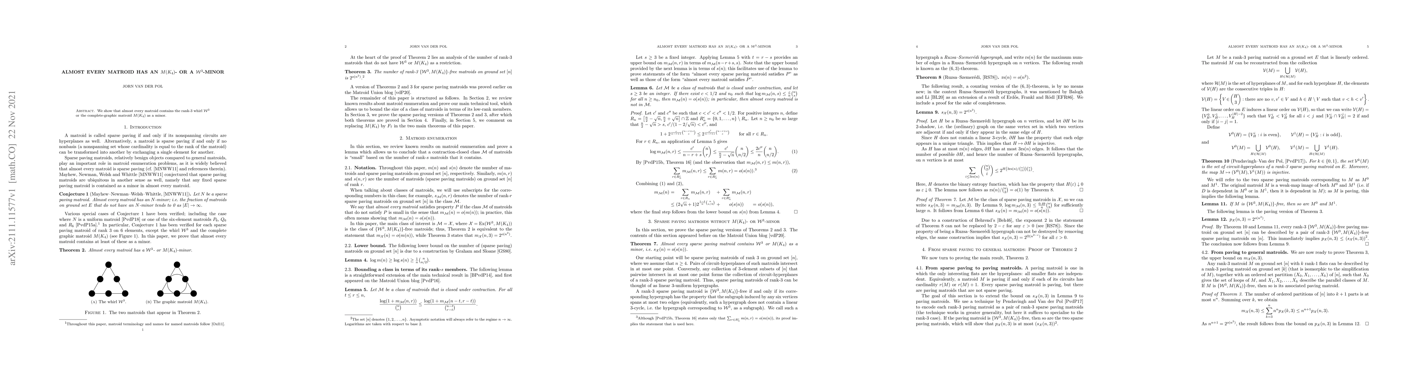 Thumbnail for Almost every matroid has an $M(K_4)$- or a $\mathcal{W}^3$-minor
