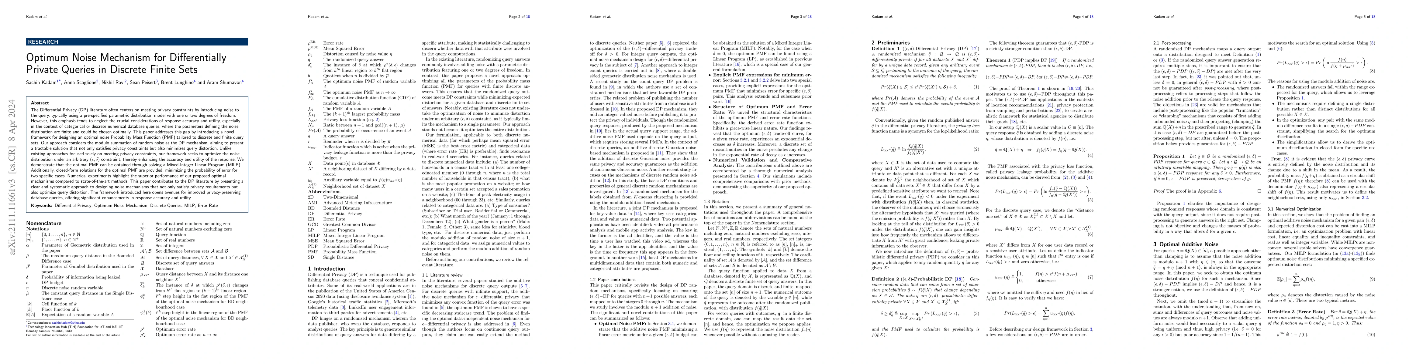Thumbnail for Optimum Noise Mechanism for Differentially Private Queries in Discrete
  Finite Sets