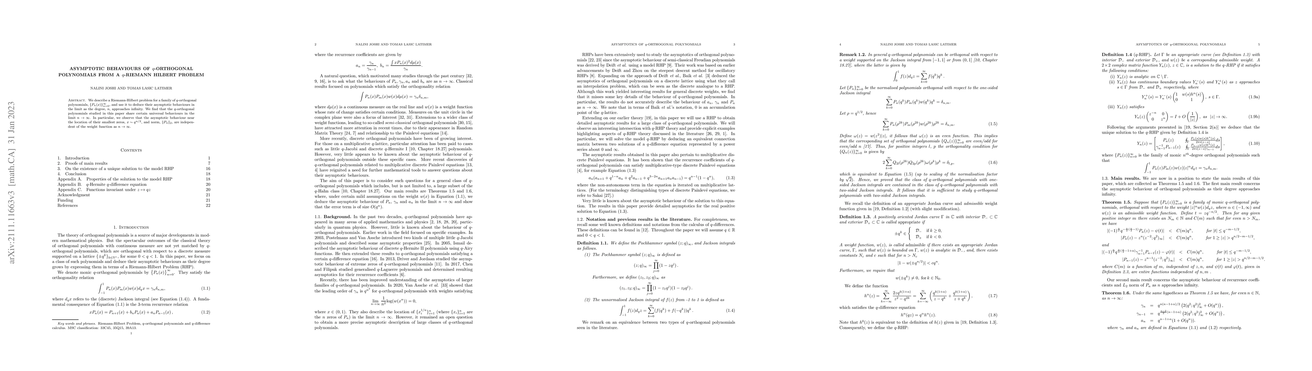 Thumbnail for Asymptotic behaviours of q-orthogonal polynomials from a q-Riemann
  Hilbert Problem
