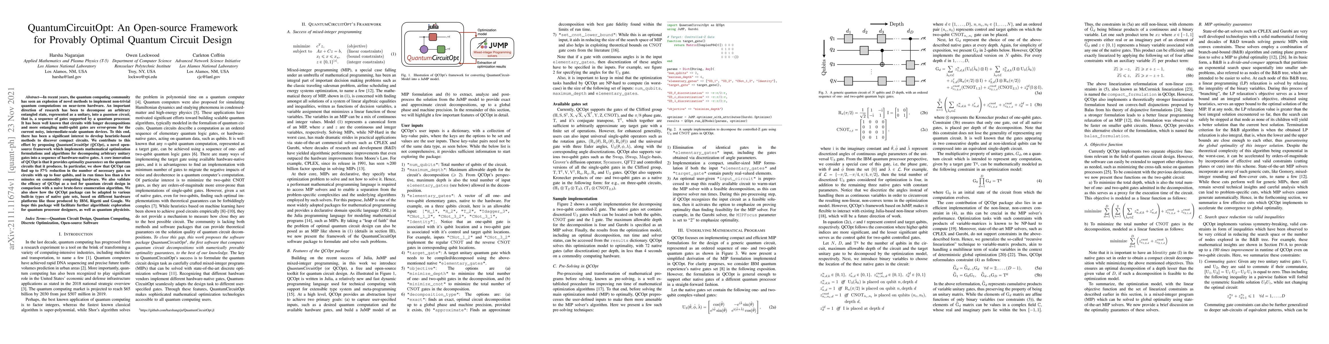 Thumbnail for QuantumCircuitOpt: An Open-source Framework for Provably Optimal Quantum
  Circuit Design