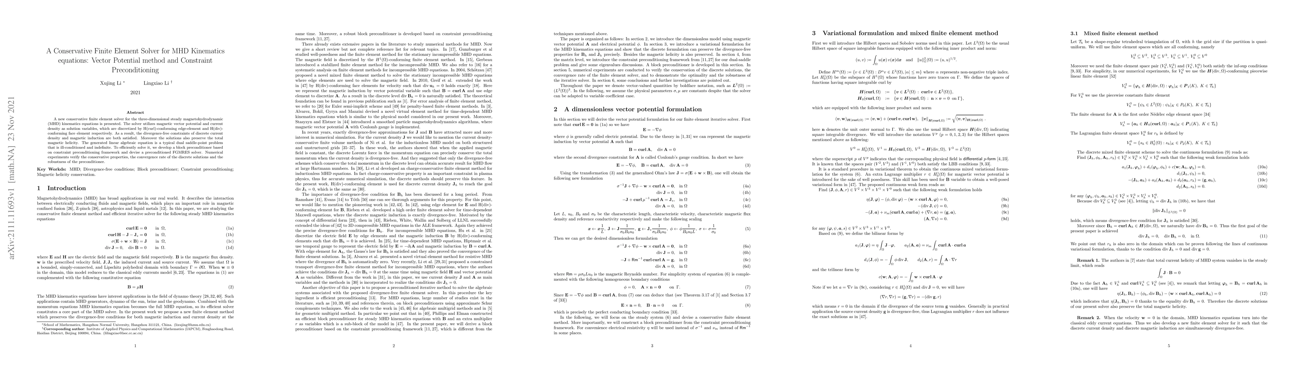 Thumbnail for A Conservative Finite Element Solver for MHD Kinematics equations:
  Vector Potential method and Constraint Preconditioning