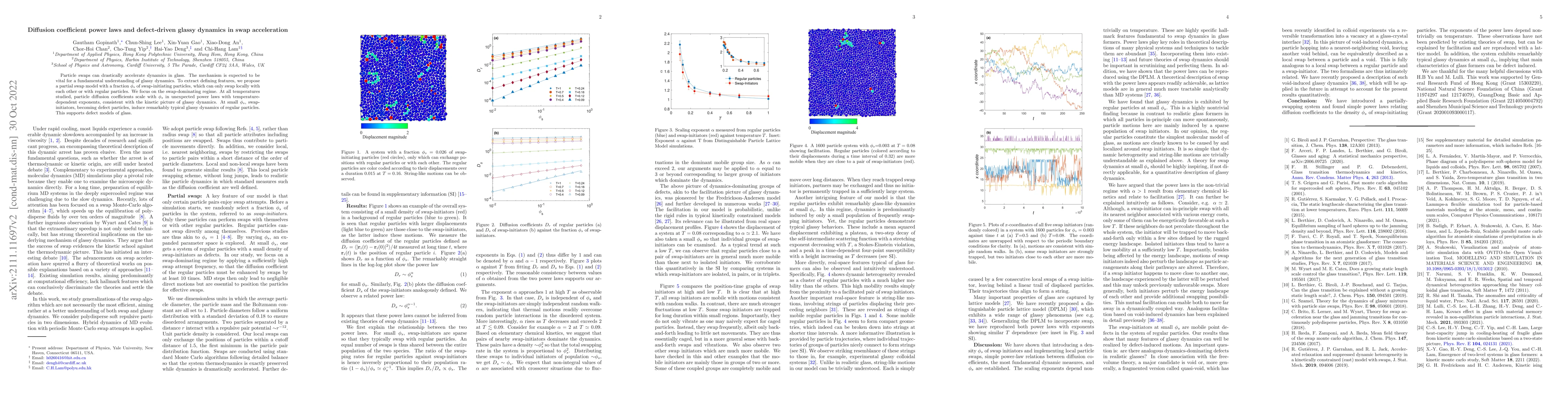 Thumbnail for Diffusion coefficient power laws and defect-driven glassy dynamics in
  swap acceleration
