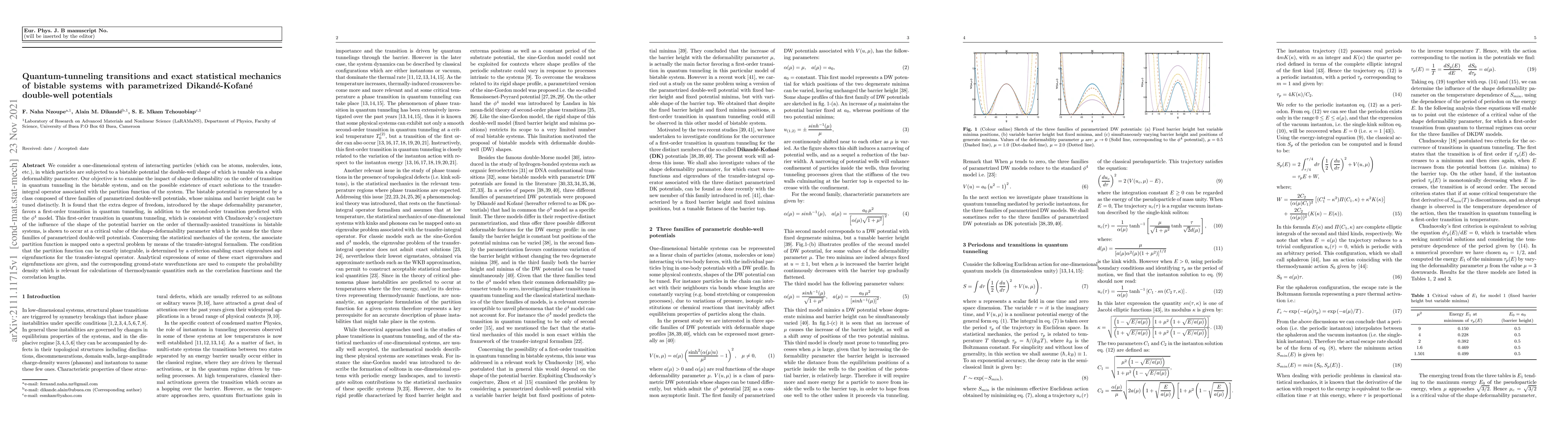 Thumbnail for Quantum-tunneling transitions and exact statistical mechanics of
  bistable systems with parametrized Dikand\'e-Kofan\'e double-well potentials