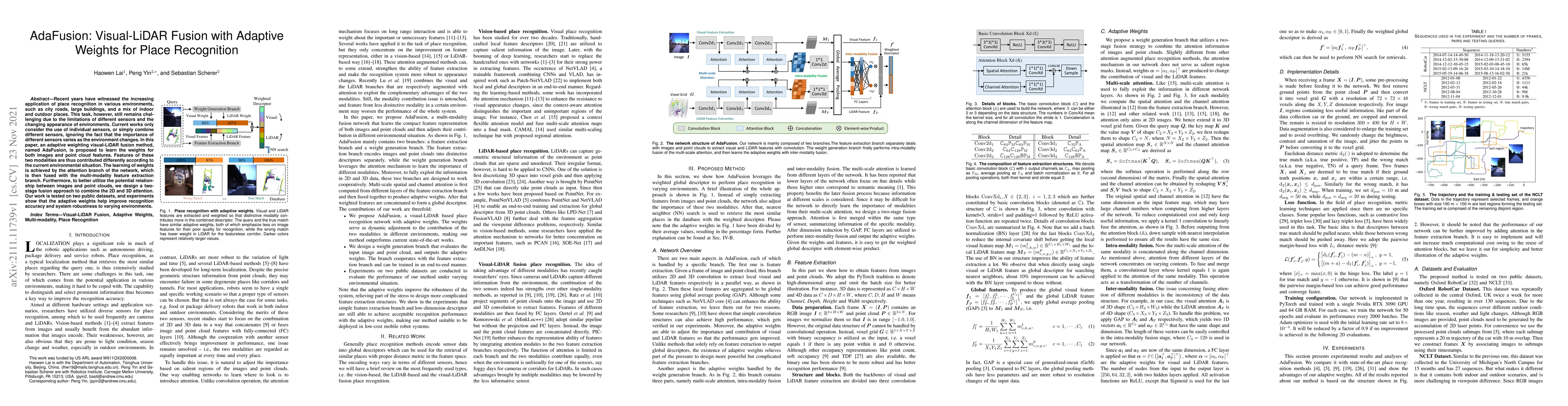 Thumbnail for AdaFusion: Visual-LiDAR Fusion with Adaptive Weights for Place
  Recognition