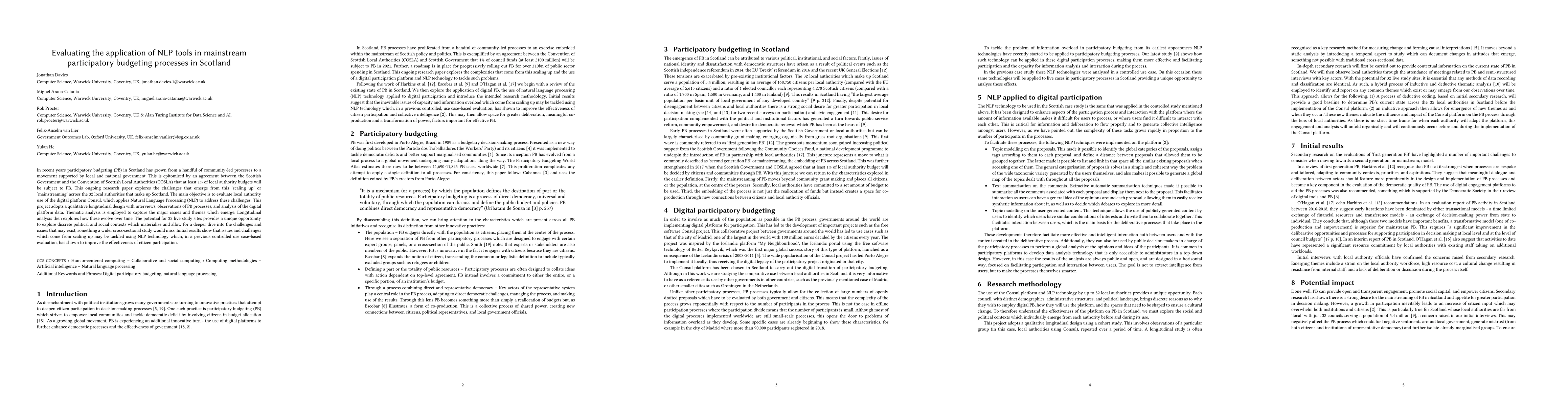 Thumbnail for Evaluating the application of NLP tools in mainstream participatory
  budgeting processes in Scotland