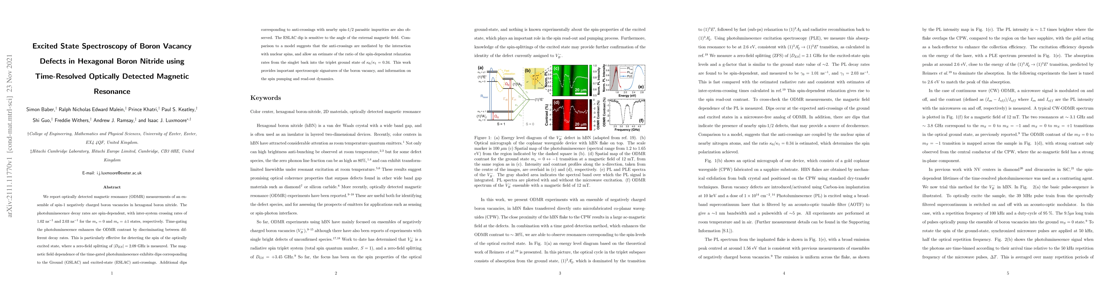 Thumbnail for Excited State Spectroscopy of Boron Vacancy Defects in Hexagonal Boron
  Nitride using Time-Resolved Optically Detected Magnetic Resonance