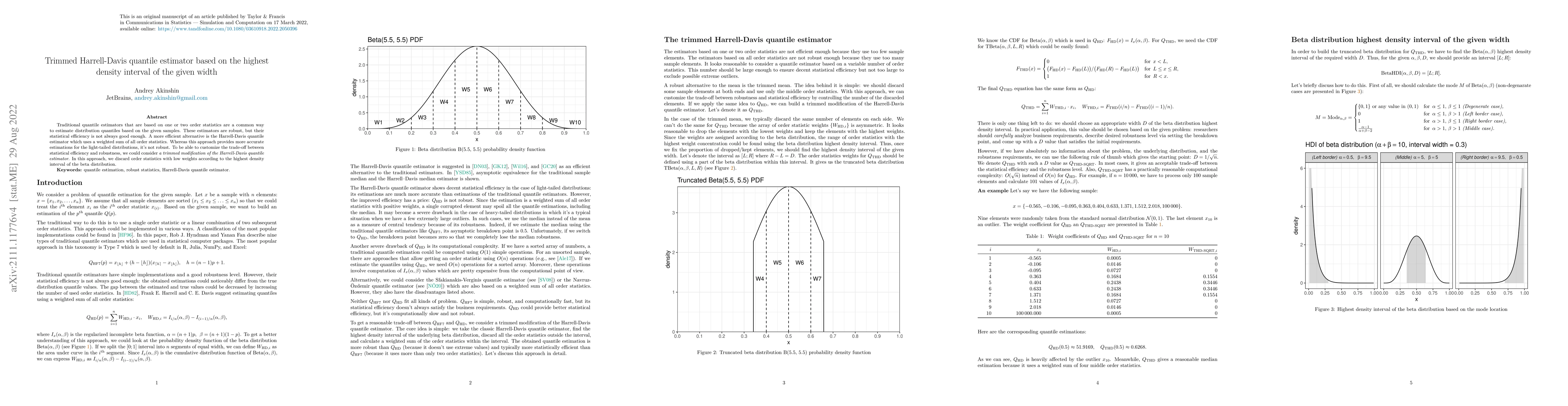 Thumbnail for Trimmed Harrell-Davis quantile estimator based on the highest density
  interval of the given width