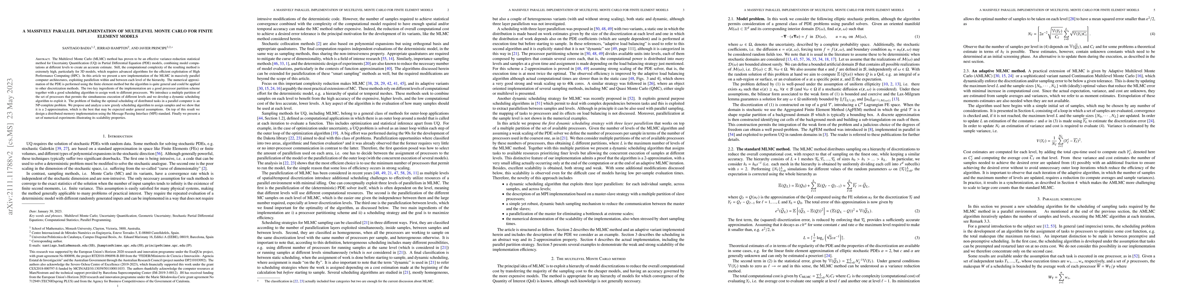 Thumbnail for A Massively Parallel Implementation of Multilevel Monte Carlo for Finite
  Element Models