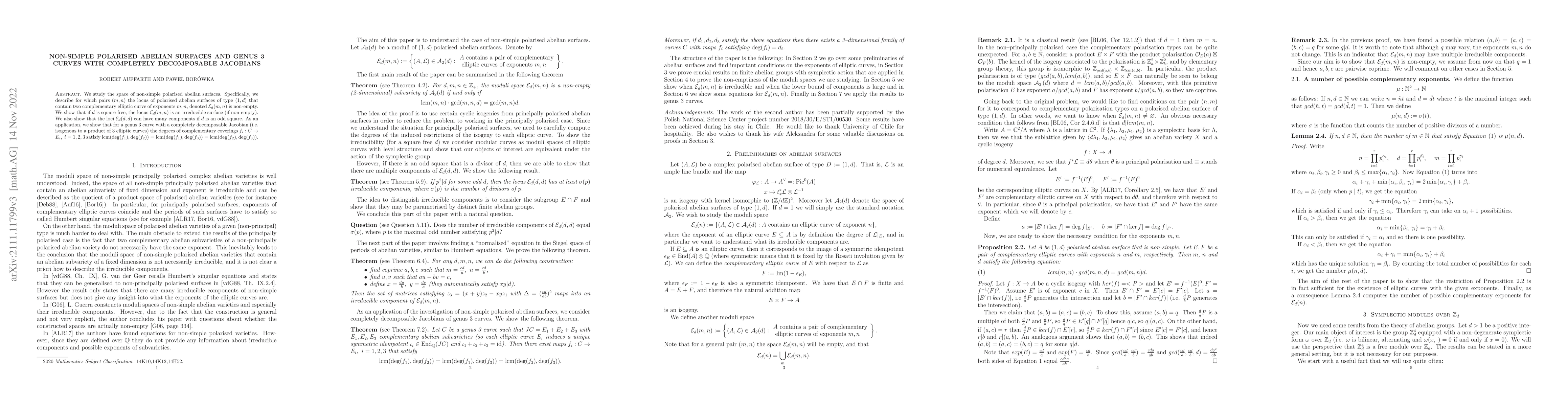 Thumbnail for Non-simple polarised abelian surfaces and genus 3 curves with completely
  decomposable Jacobians