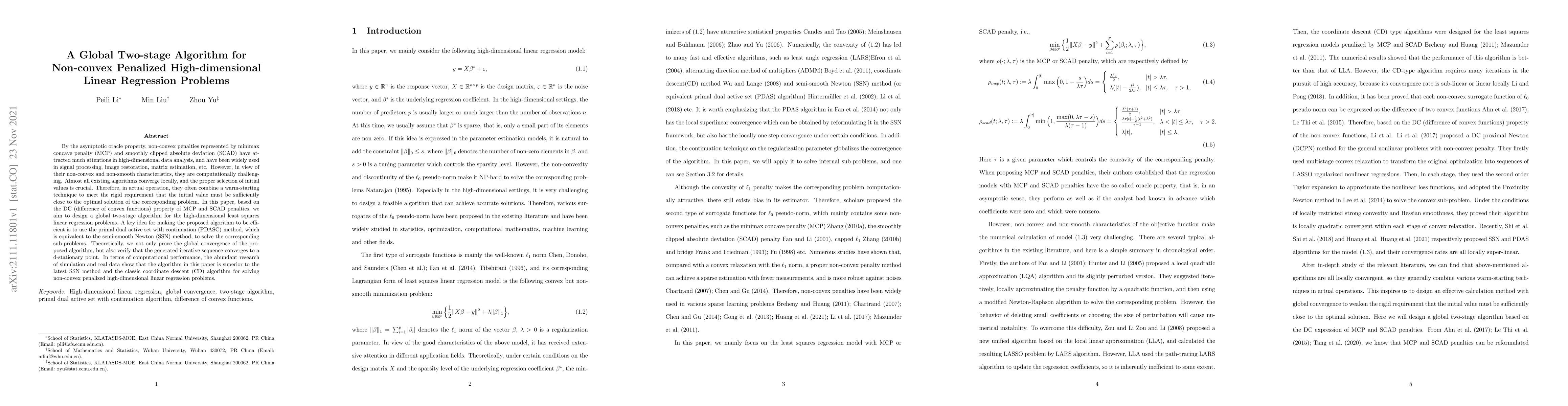 Thumbnail for A Global Two-stage Algorithm for Non-convex Penalized High-dimensional
  Linear Regression Problems