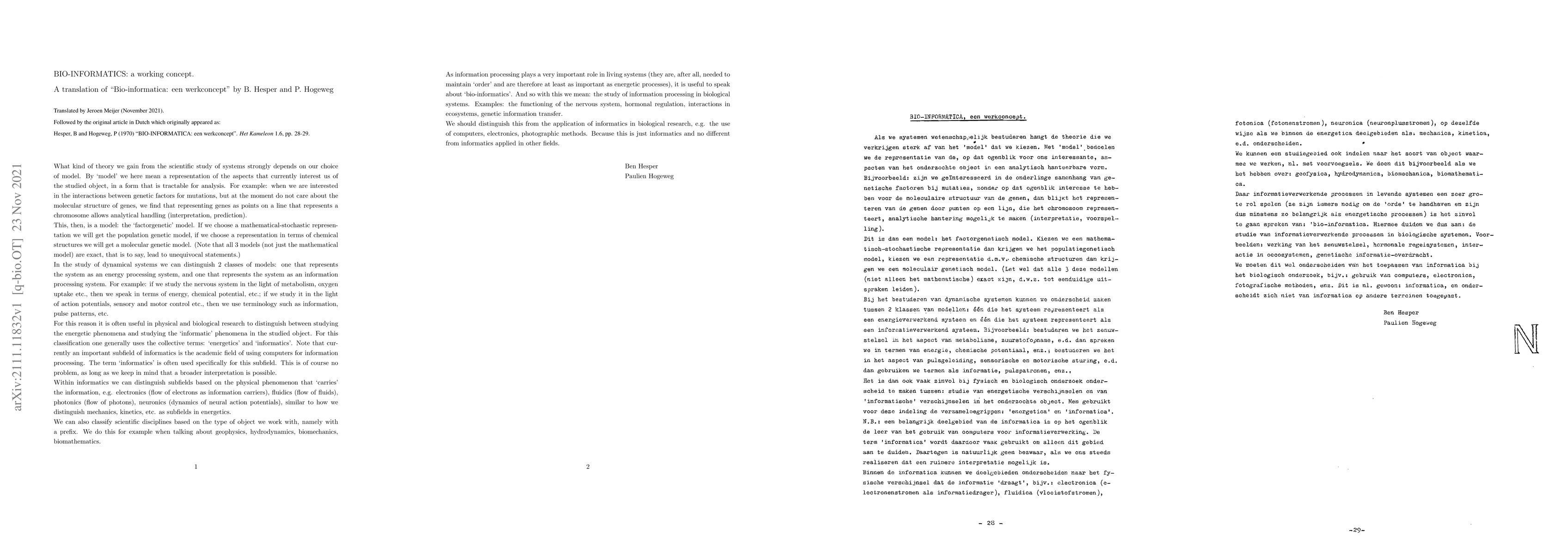 Thumbnail for Bio-informatics: a working concept. A translation of "Bio-informatica:
  een werkconcept" by B. Hesper and P. Hogeweg