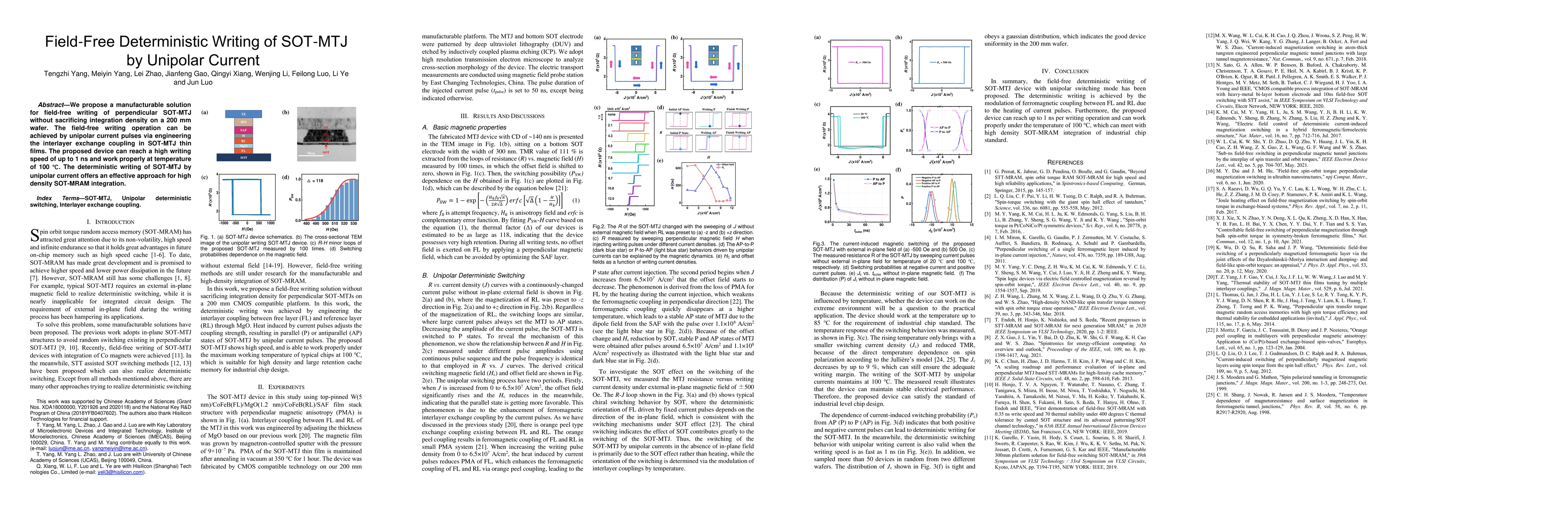 Thumbnail for Field-Free Deterministic Writing of SOT-MTJ by Unipolar Current