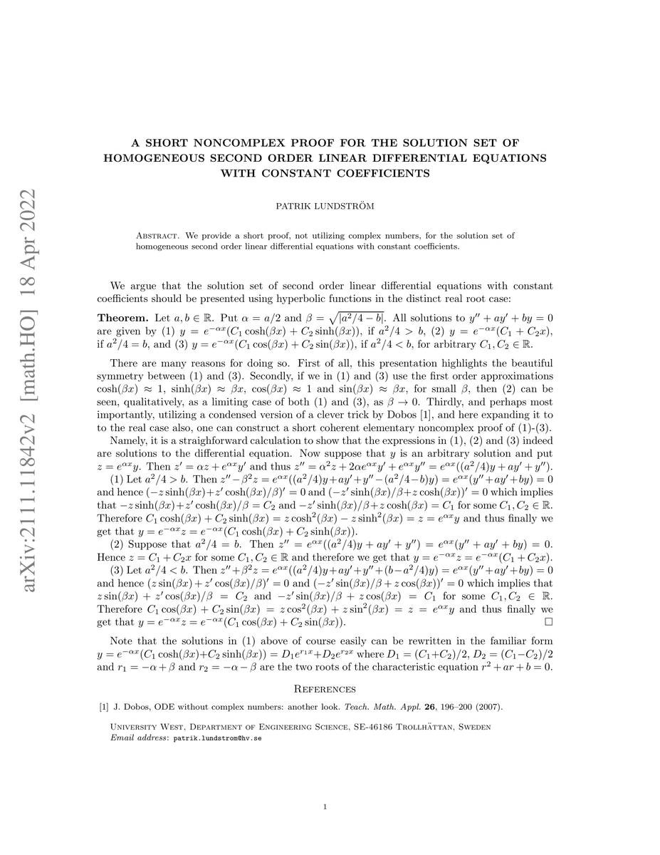 Thumbnail for A short noncomplex proof for the solution set of homogeneous second
  order linear differential equations with constant coefficients
