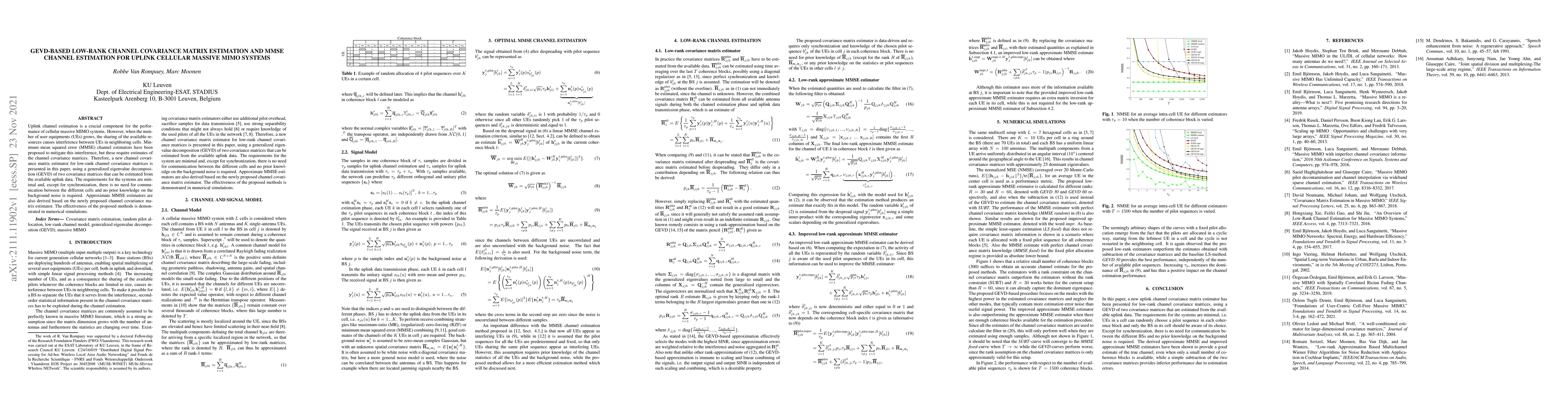 Thumbnail for GEVD-based Low-Rank Channel Covariance Matrix Estimation and MMSE
  Channel Estimation for Uplink Cellular Massive MIMO Systems