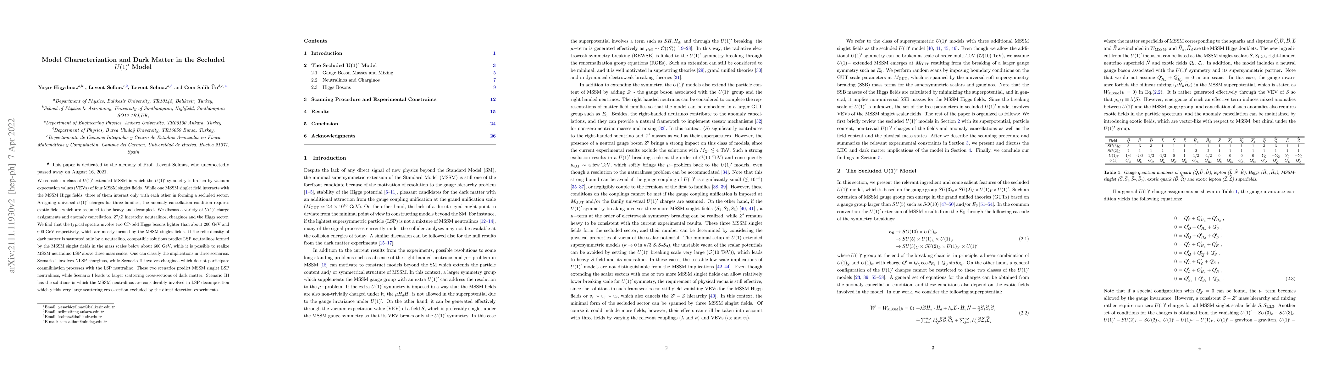 Thumbnail for Model Characterization and Dark Matter in the Secluded $U(1)^\prime$
  Model