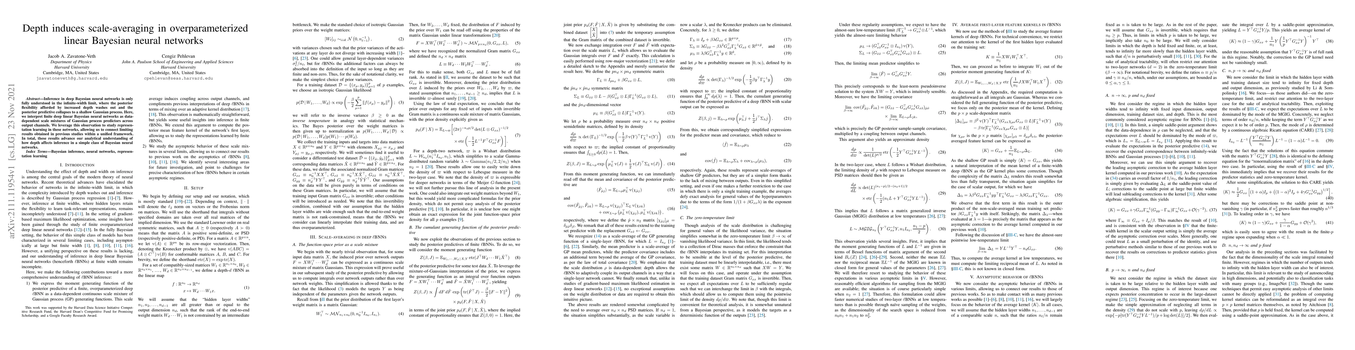 Thumbnail for Depth induces scale-averaging in overparameterized linear Bayesian
  neural networks