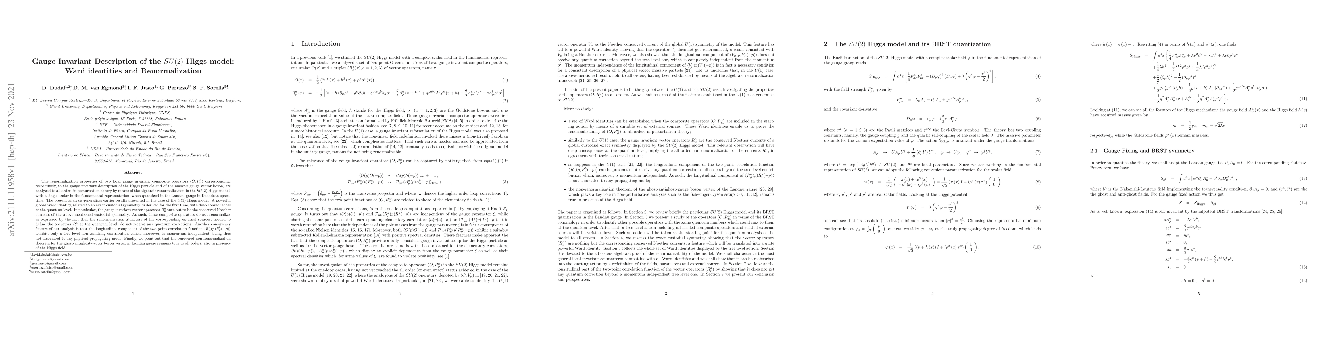 Thumbnail for Gauge Invariant Description of the $SU(2)$ Higgs model: Ward identities
  and Renormalization
