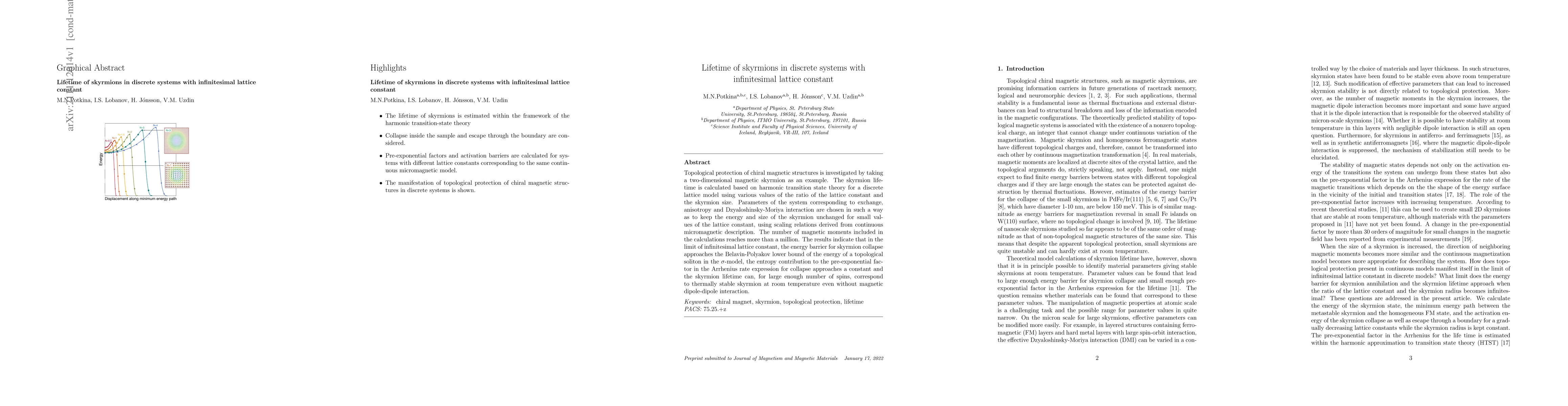 Thumbnail for Lifetime of skyrmions in discrete systems with infinitesimal lattice
  constant
