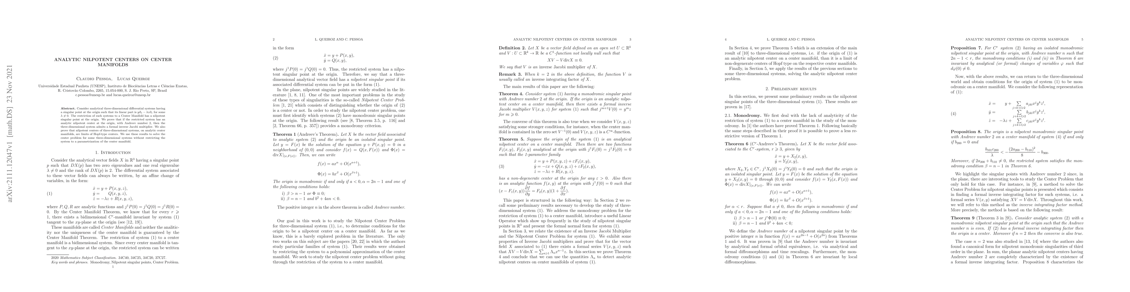 Thumbnail for Analytic Nilpotent Centers on Center Manifolds