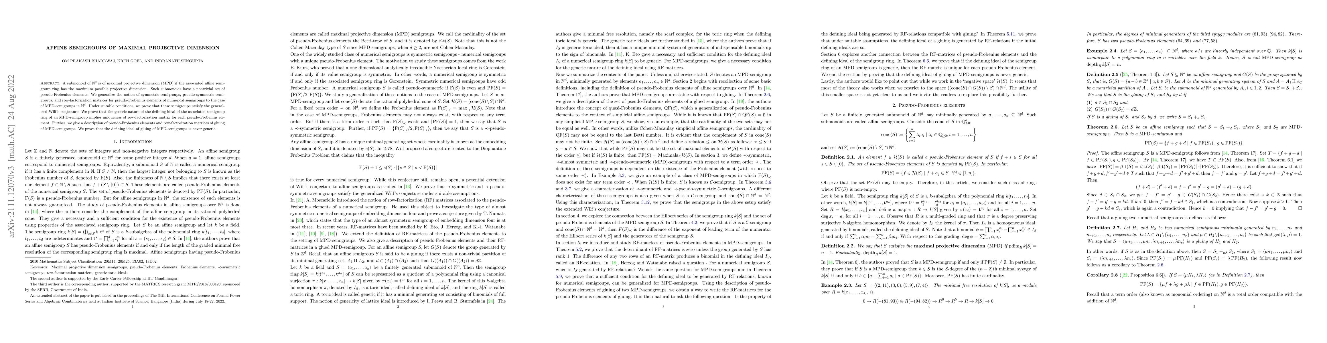 Thumbnail for Affine semigroups of maximal projective dimension