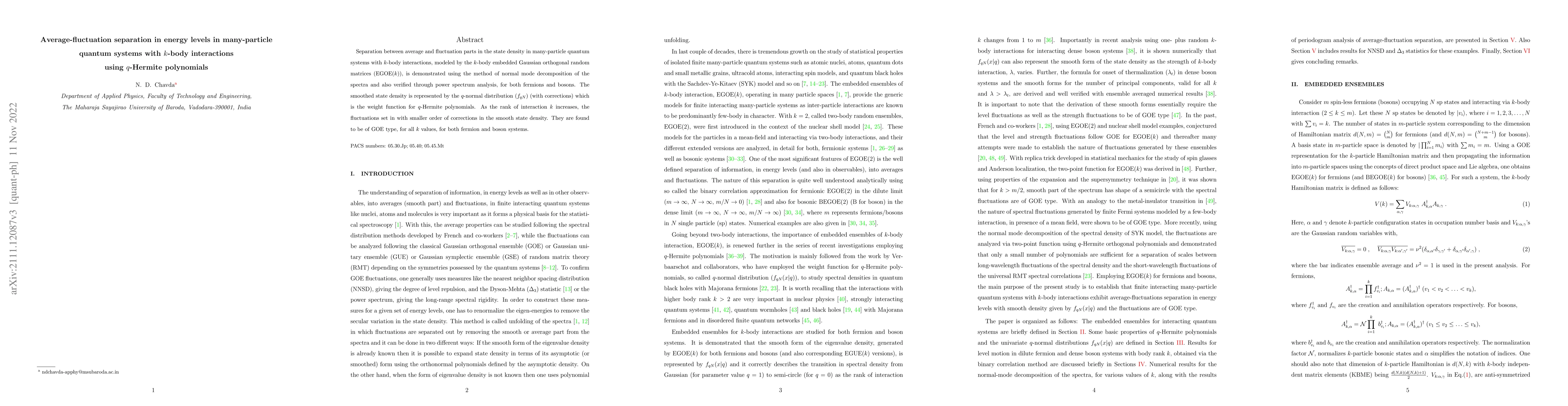 Thumbnail for Average-fluctuation separation in energy levels in many-particle quantum
  systems with $k$-body interactions using $q$-Hermite polynomials