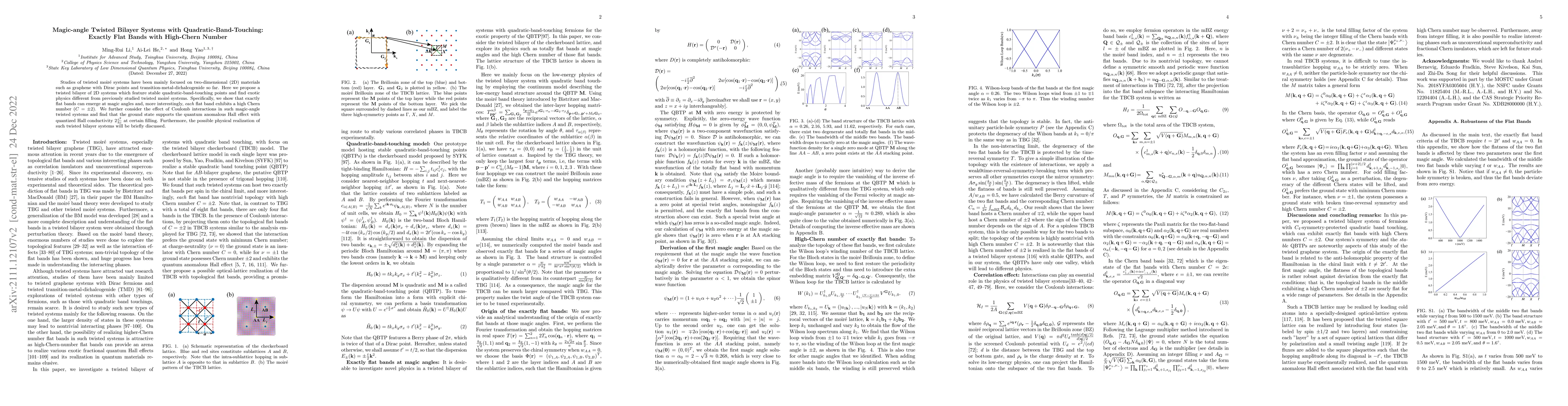 Thumbnail for Magic-angle Twisted Bilayer Systems with Quadratic-Band-Touching:
  Exactly Flat Bands with High-Chern Number