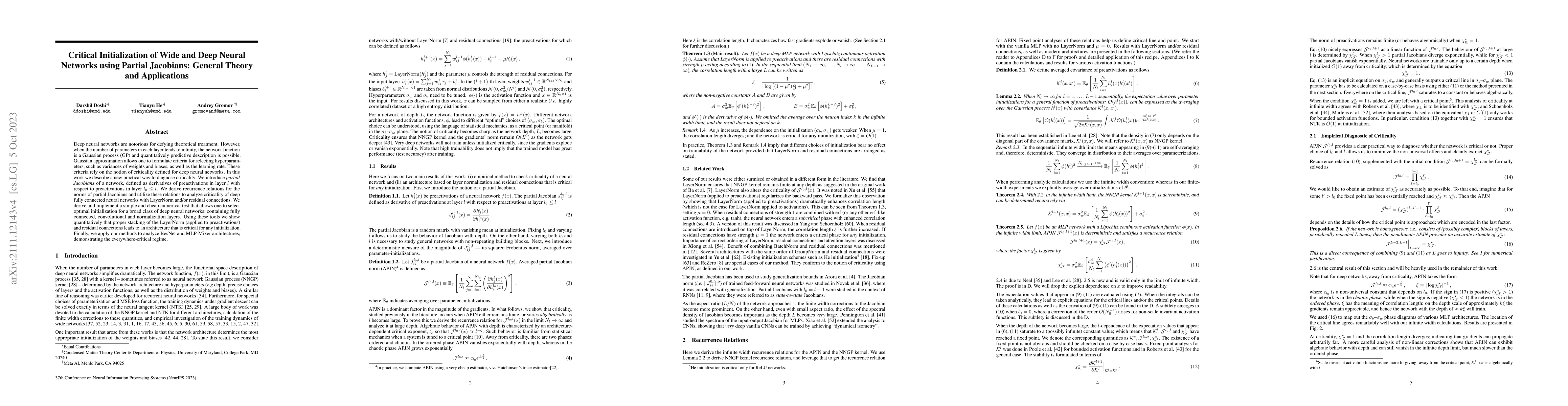 Thumbnail for Critical Initialization of Wide and Deep Neural Networks through Partial
  Jacobians: General Theory and Applications