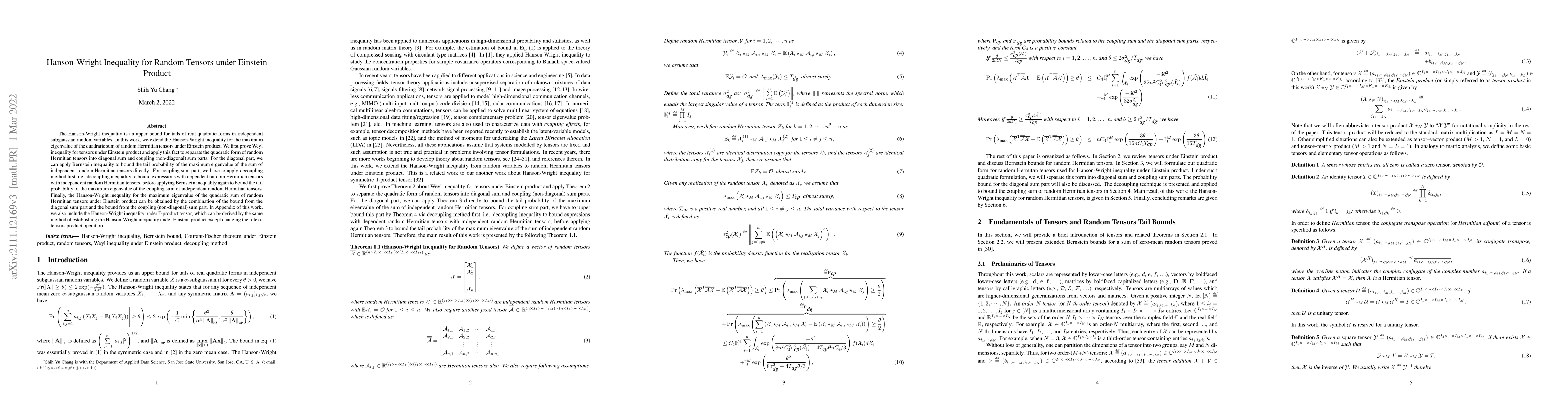 Thumbnail for Hanson-Wright Inequality for Random Tensors under Einstein Product