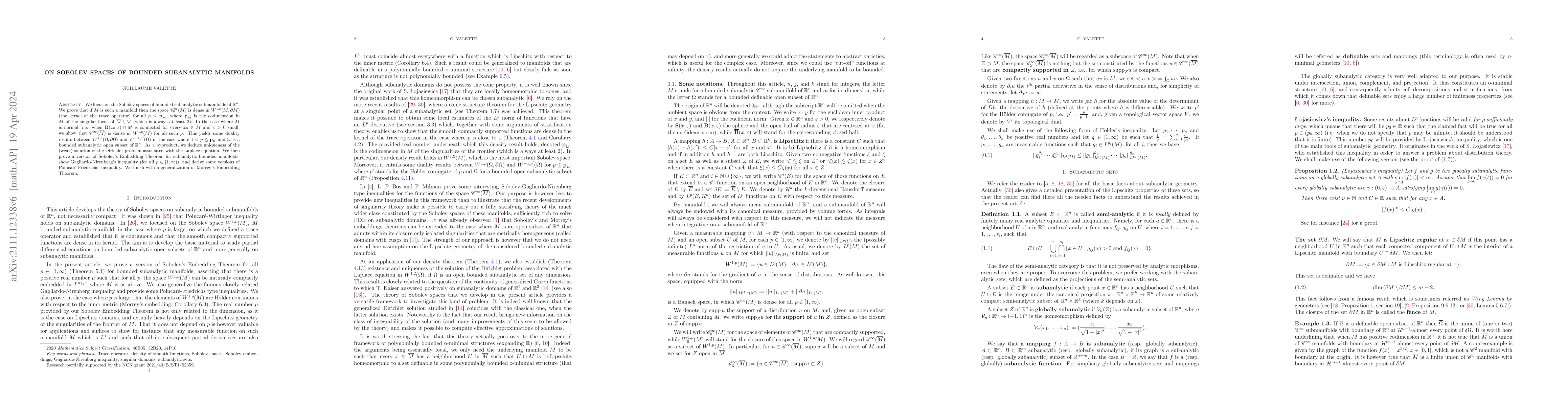 Thumbnail for On Sobolev spaces of bounded subanalytic manifolds