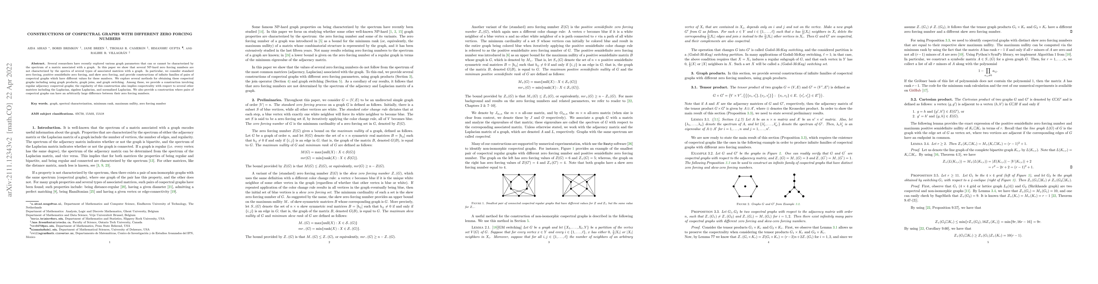 Thumbnail for Constructions of cospectral graphs with different zero forcing numbers