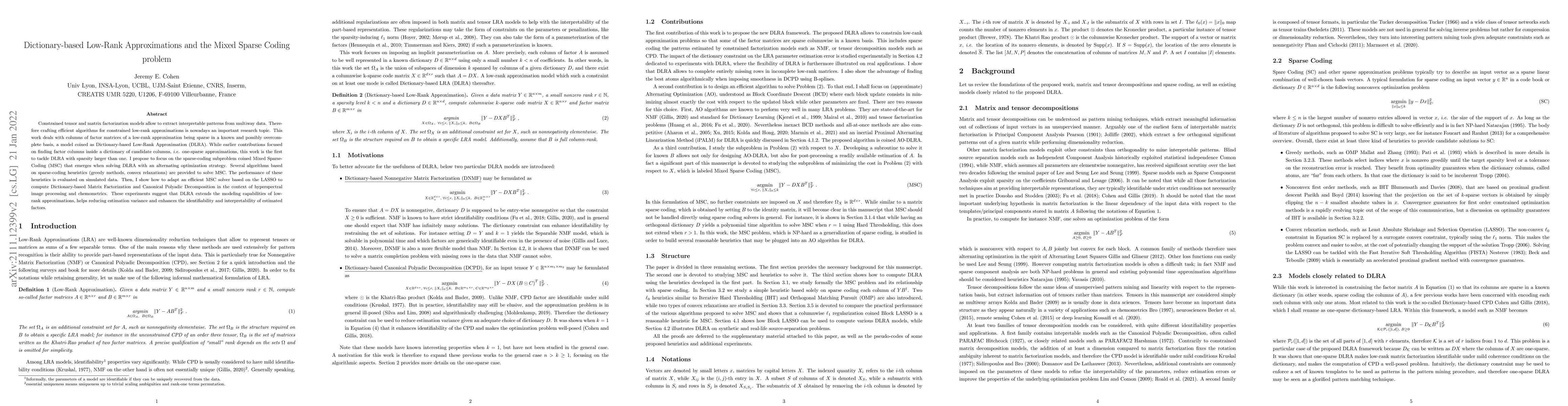 Thumbnail for Dictionary-based Low-Rank Approximations and the Mixed Sparse Coding
  problem