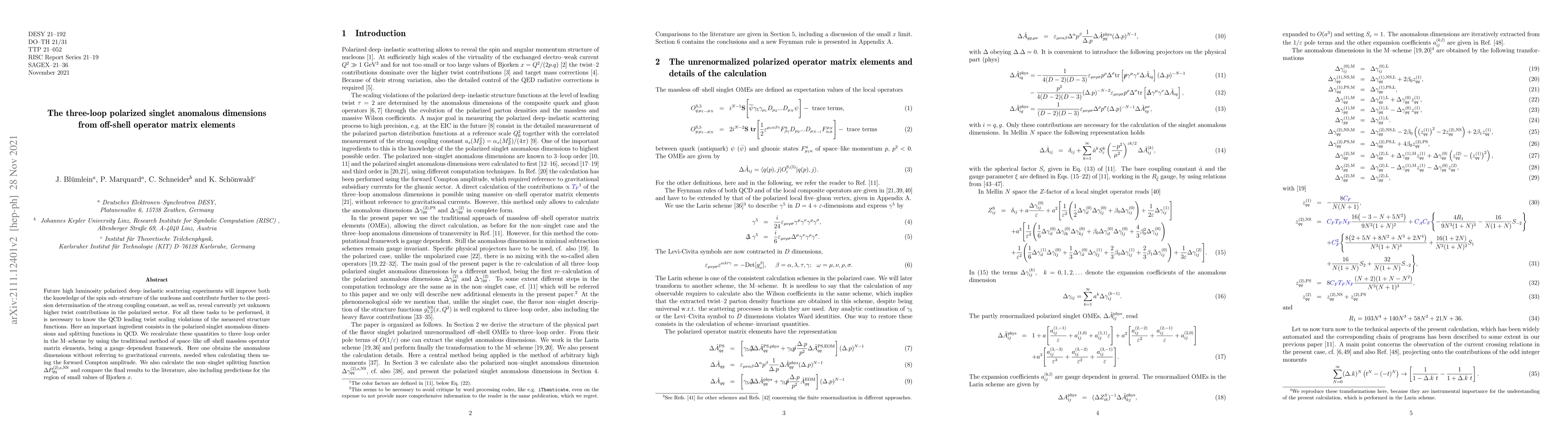 Thumbnail for The three-loop polarized singlet anomalous dimensions from off-shell
  operator matrix elements
