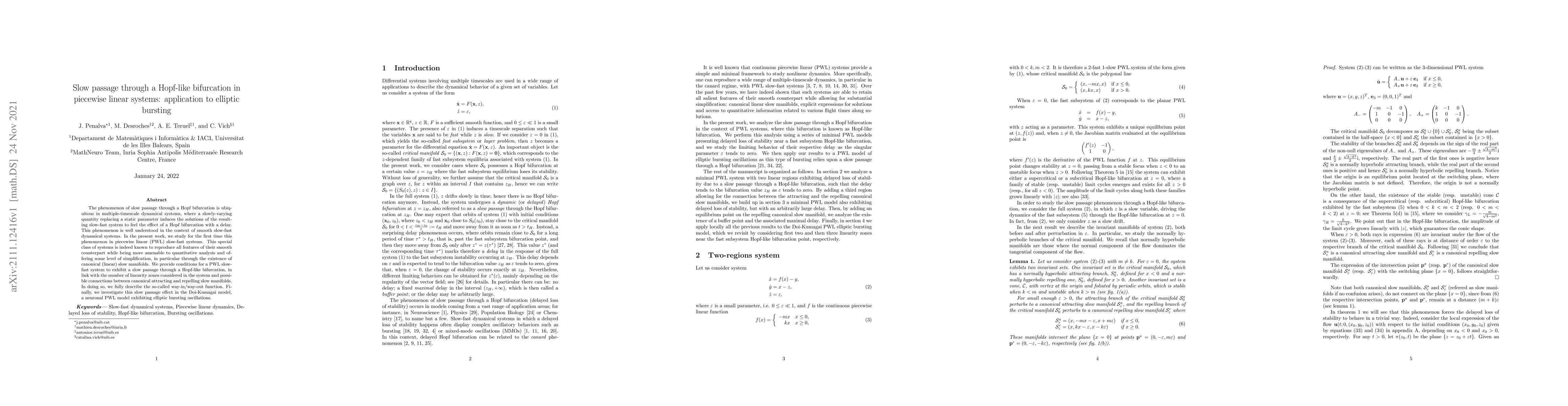 Thumbnail for Slow passage through a Hopf-like bifurcation in piecewise linear
  systems: application to elliptic bursting