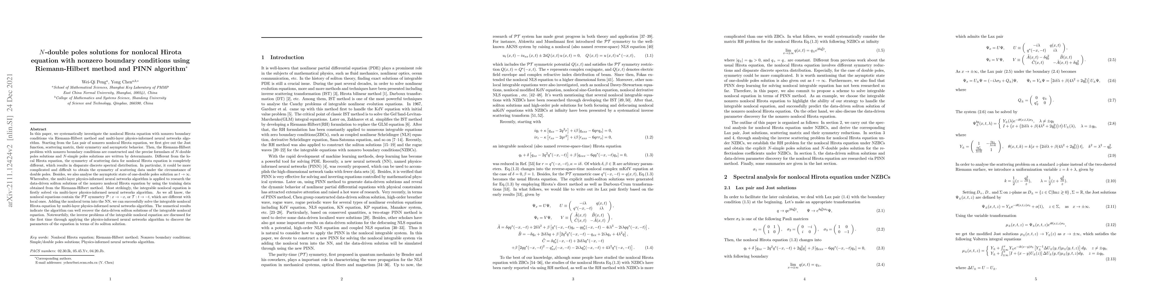 Thumbnail for $N$-double poles solutions for nonlocal Hirota equation with nonzero
  boundary conditions using Riemann-Hilbert method and PINN algorithm