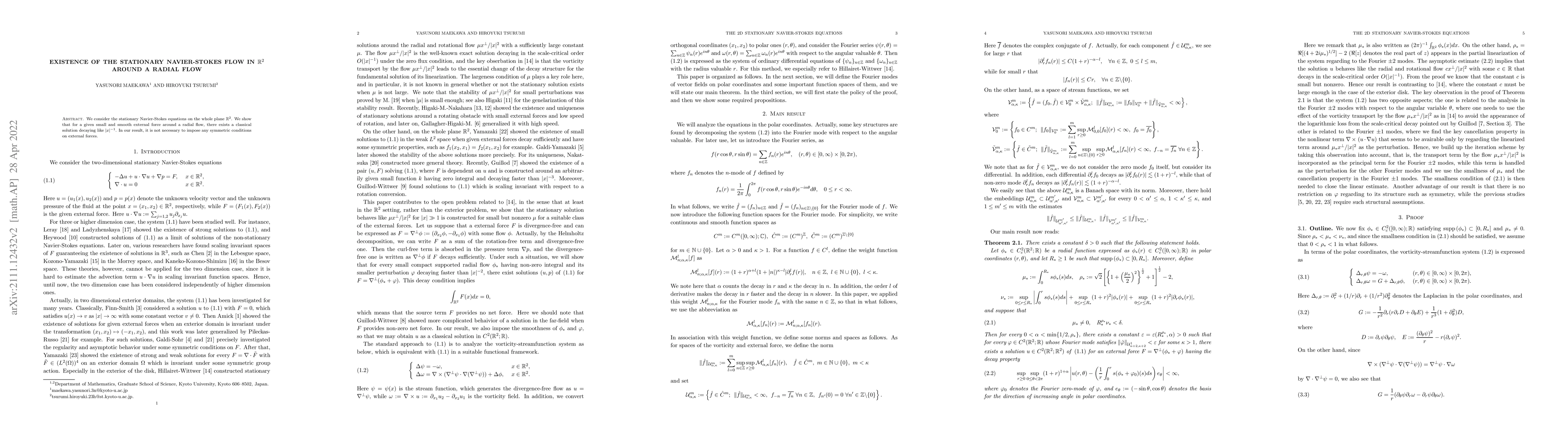 Thumbnail for Existence of the stationary Navier-Stokes flow in $\mathbb{R}^2$ around
  a radial flow