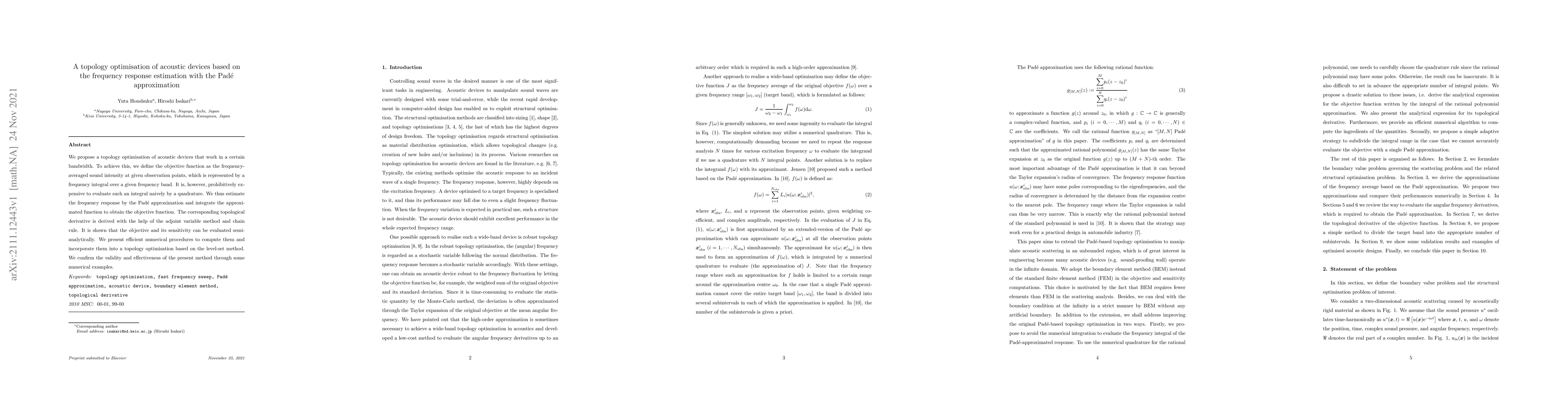 Thumbnail for A topology optimisation of acoustic devices based on the frequency
  response estimation with the Pad\'{e} approximation