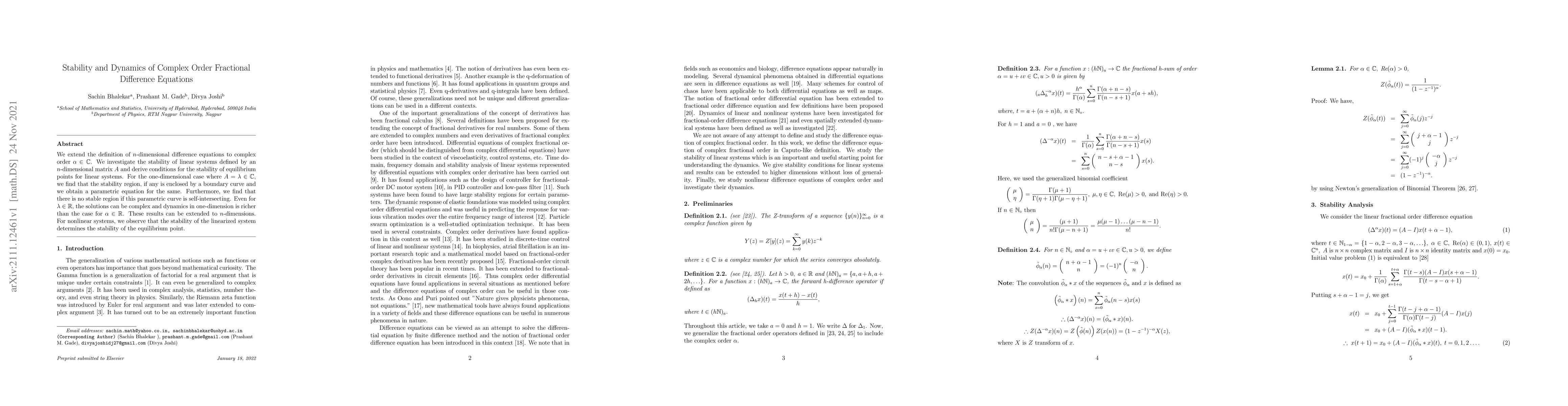 Thumbnail for Stability and Dynamics of Complex Order Fractional Difference Equations