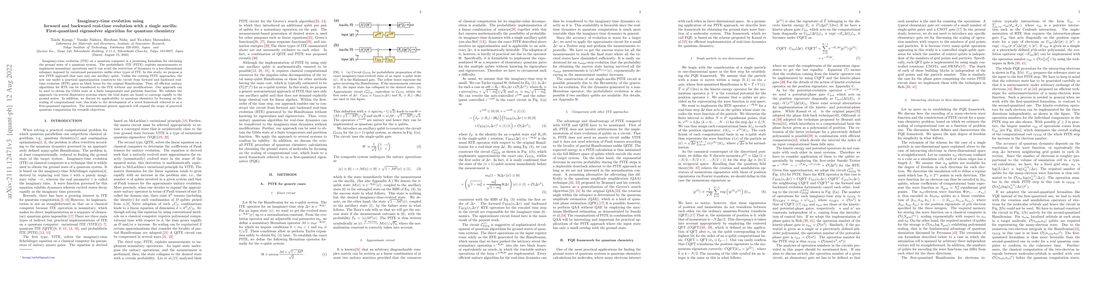 Thumbnail for Probabilistic imaginary-time evolution by using forward and backward
  real-time evolution with a single ancilla: first-quantized eigensolver of
  quantum chemistry for ground states