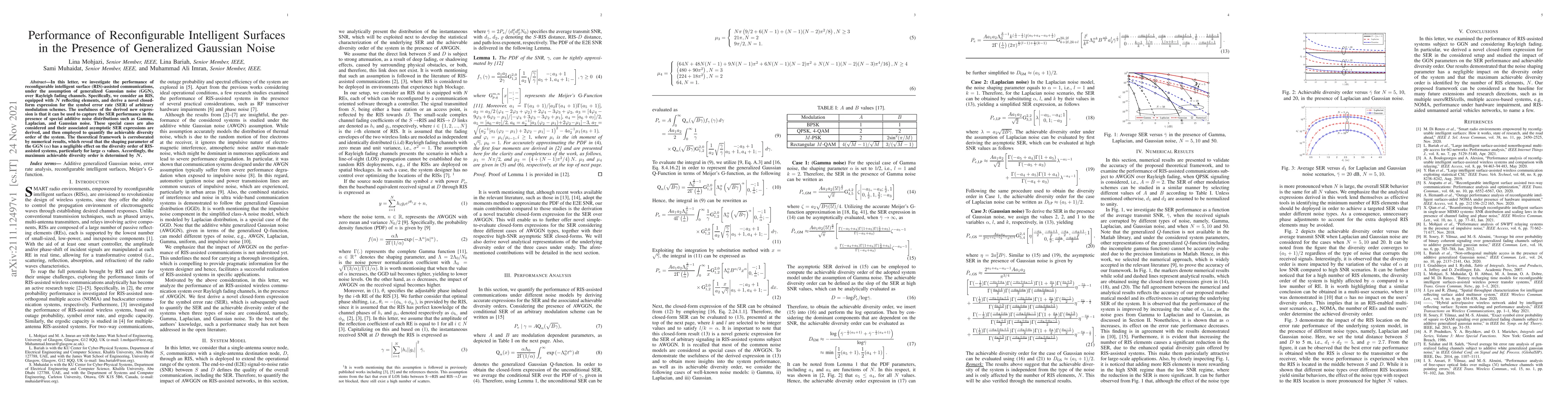 Thumbnail for Performance of Reconfigurable Intelligent Surfaces in the Presence of
  Generalized Gaussian Noise